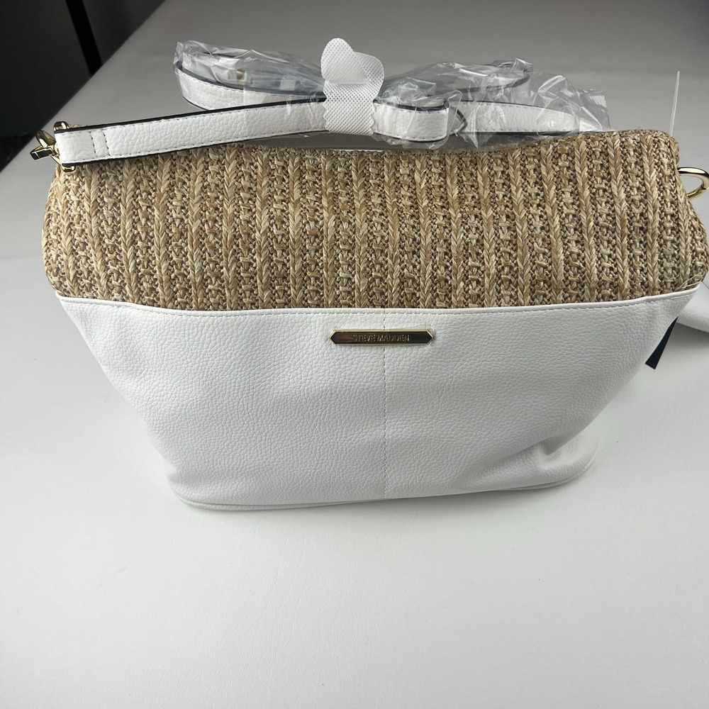 Steve Madden DS10655 White Pebbled Leather and Straw Hobo Bag with Coin Purse